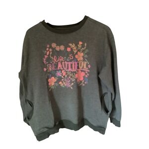 Natural Life Womens Life is Beautiful Graphic Sweatshirt M Gray Floral Boho Cozy